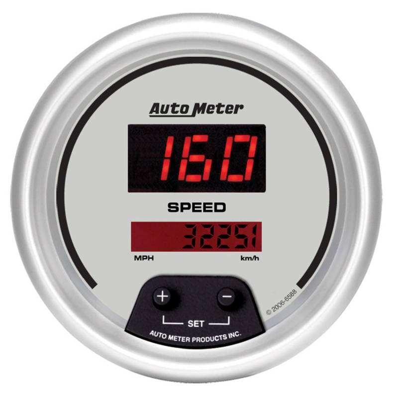 AutoMeter - AutoMeter GAUGE, SPEEDO, 3 3/8" , 260MPH / 260KM/H, ELEC PROGRAM, DIGITAL, SLVR W/ RED LED 6588