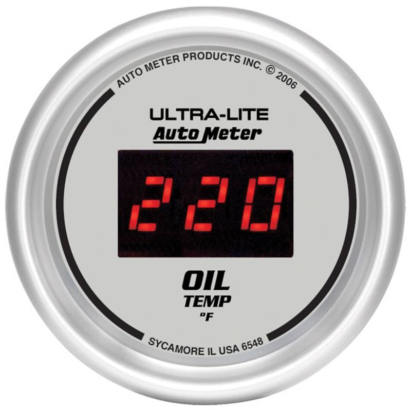 AutoMeter - AutoMeter GAUGE, OIL TEMP, 2 1/16" , 340 Degrees F, DIGITAL, SILVER DIAL W/ RED LED 6548