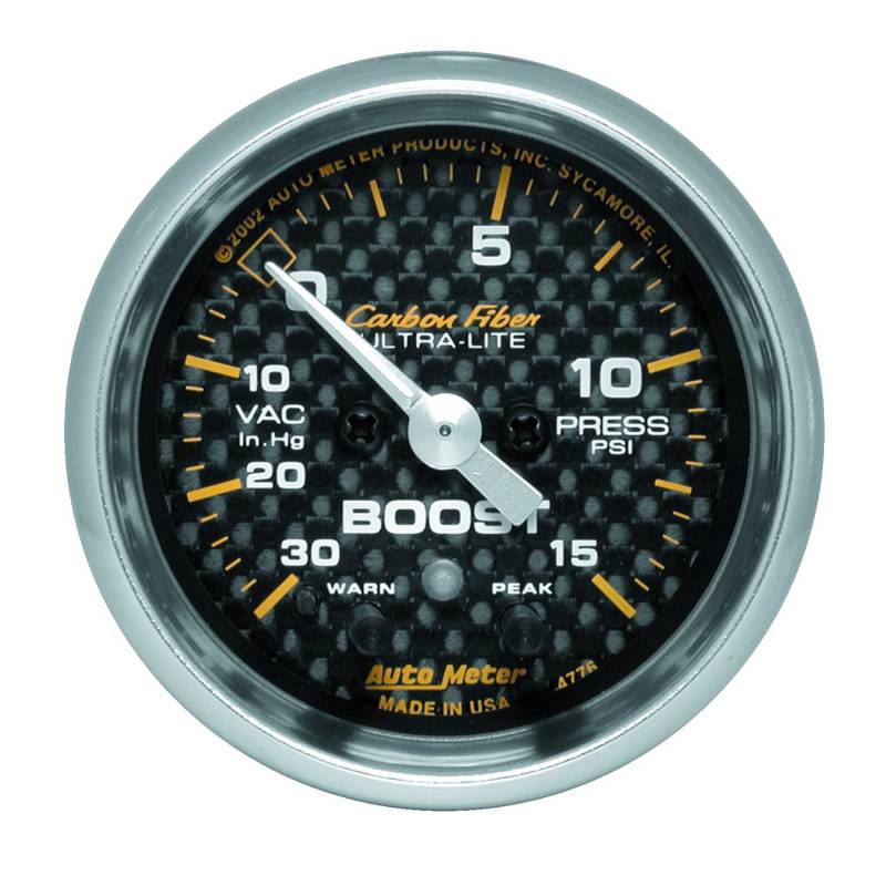 AutoMeter - AutoMeter GAUGE, VAC/BOOST, 2 1/16", 30INHG-15PSI, STEPPER MOTOR W/ PK & WRN, CARBON FIBER 4776
