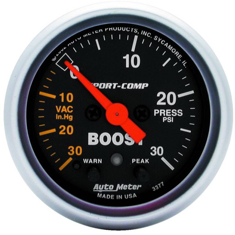 AutoMeter - AutoMeter GAUGE, VAC/BOOST, 2 1/16", 30INHG-30PSI, STEPPER MOTOR W/PEAK & WARN, SPORT-COMP 3377