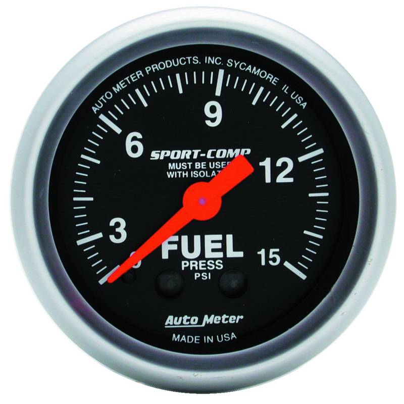 AutoMeter - AutoMeter GAUGE, FUEL PRESSURE, 2 1/16" , 15PSI, MECHANICAL W/ISOLATOR, SPORT-COMP 3313