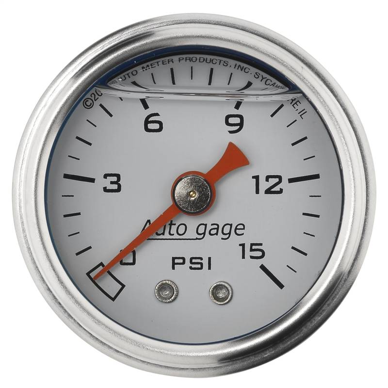 AutoMeter - AutoMeter GAUGE, PRESSURE, 1.5" DIRECT MNT, 15PSI, LIQUID FILLED MECH, WHT, 1/8" NPTF MALE 2175