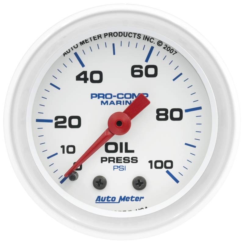 AutoMeter - AutoMeter GAUGE, OIL PRESSURE, 2 1/16" , 100PSI, MECHANICAL, MARINE WHITE 200790