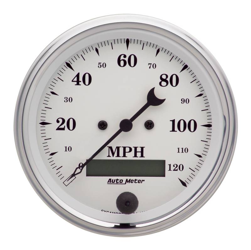 AutoMeter - AutoMeter GAUGE, SPEEDO., 3 3/8" , 120MPH, ELEC. PROG. W/ LCD ODO, OLD TYME WHITE 1680