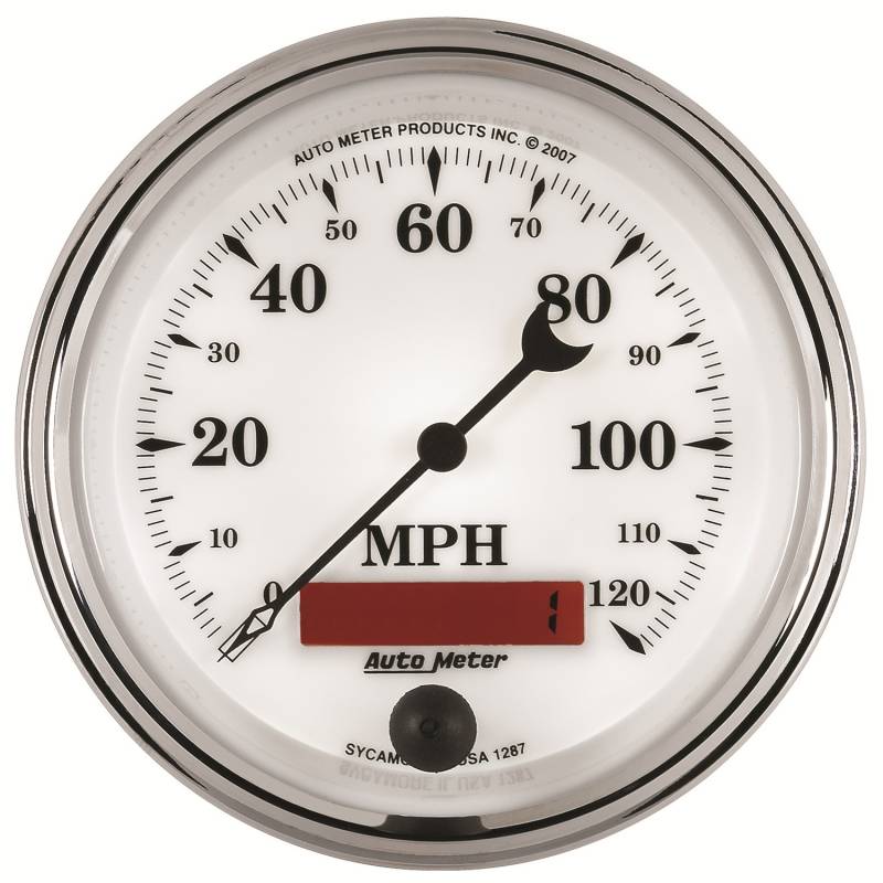 AutoMeter - AutoMeter GAUGE, SPEEDOMETER, 3 3/8" , 120MPH, ELEC. PROG. W/ LCD ODO, OLD TYME WHT II 1287