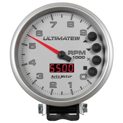 AutoMeter GAUGE, TACH, 5" , 9K RPM, PEDESTAL, DATALOGGING, ULTIMATE III PLAYBACK, SILVER 6882
