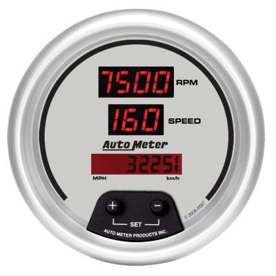 AutoMeter GAUGE, TACH/SPEED, 3 3/8", 260MPH/260KMH/10KRPM, ELEC PRGRM, DIG, SLVR W/ RD LED 6587