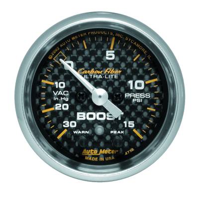 AutoMeter GAUGE, VAC/BOOST, 2 1/16", 30INHG-15PSI, STEPPER MOTOR W/ PK & WRN, CARBON FIBER 4776