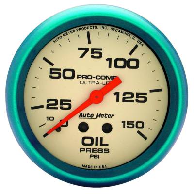 AutoMeter GAUGE, OIL PRESS, 2 5/8" , 150PSI, MECH., GLOW IN THE DARK, ULTRA-NITE 4523
