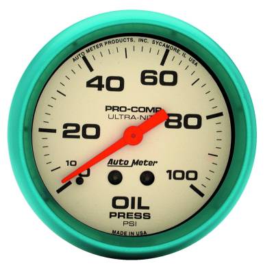 AutoMeter GAUGE, OIL PRESS, 2 5/8" , 100PSI, MECH., GLOW IN THE DARK, ULTRA-NITE 4521