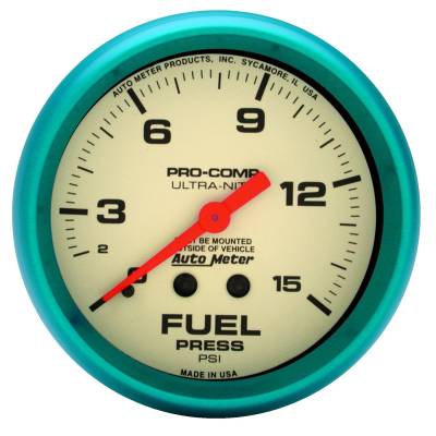 AutoMeter GAUGE, FUEL PRESS, 2 5/8" , 15PSI, MECH., GLOW IN THE DARK, ULTRA-NITE 4511