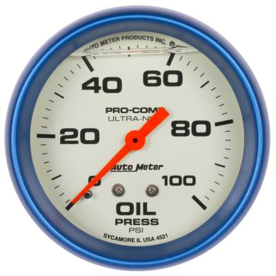 AutoMeter GAUGE, OIL PRESS, 2 5/8" , 100PSI, LIQUID FILLED MECH, GLOW IN DARK, ULTRA-NITE 4221