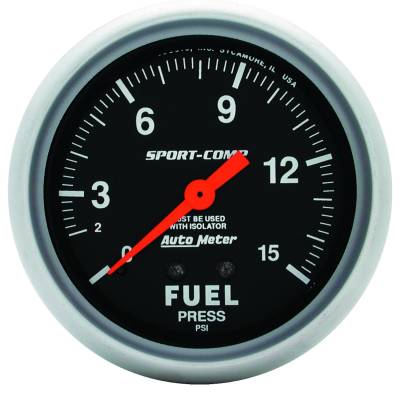 AutoMeter GAUGE, FUEL PRESSURE, 2 5/8" , 15PSI, MECHANICAL W/ISOLATOR, SPORT-COMP 3413