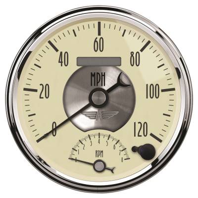 AutoMeter GAUGE, TACH/SPEEDO, 5" , 120MPH & 8K RPM, ELEC. PROGRAM., PRESTIGE ANTQ. IVORY 2090