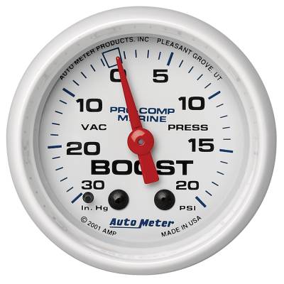 AutoMeter GAUGE, VAC/BOOST, 2 1/16" , 30INHG-20PSI, MECHANICAL, MARINE WHITE 200774